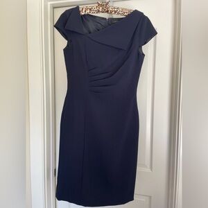 Elegant Ruched Navy Blue Women's Dress with Asymmetrical Neckline - Size 6